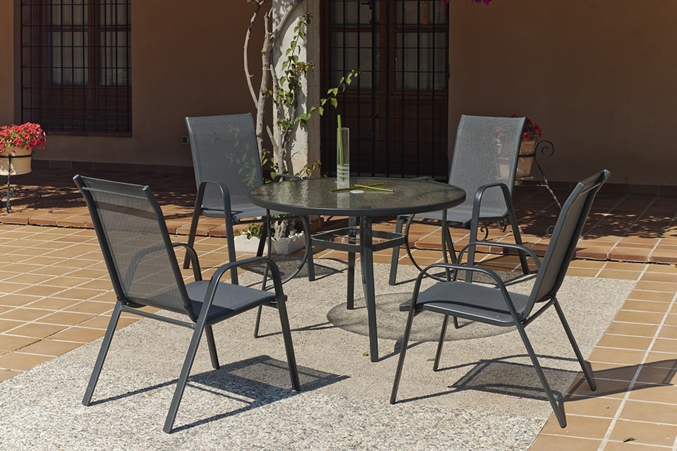 déficit Huelga Higgins Conjunto de jardín con mesa redonda 120 cm + 4 sillas, color gris -  Dominica - Don Baraton: tienda de sofás, colchones y muebles