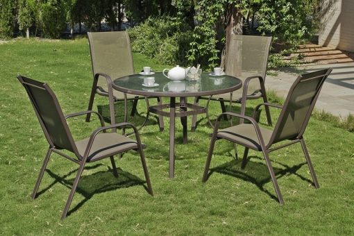 Juego de jardín - mesa redonda grade 105 cm y 4 sillones de acero Caribe