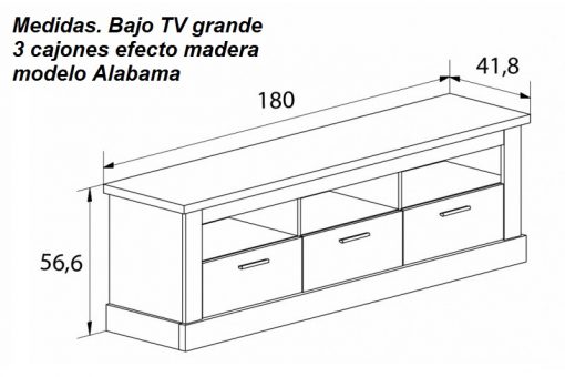 Medidas de bajo TV grande, 3 cajones efecto madera modelo Alabama