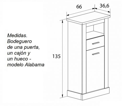 Medidas. Bodeguero efecto madera, de una puerta, un cajón y un hueco modelo Alabama
