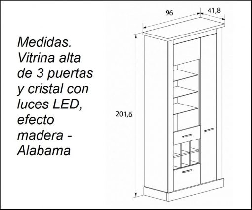 Medidas. Vitrina alta de tres puertas y cristal con luces LED modelo Alabama