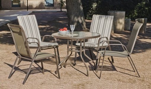 Set comedor de jardín - mesa redonda 90 cm + 4 sillas, acero, color bronce - Caribe