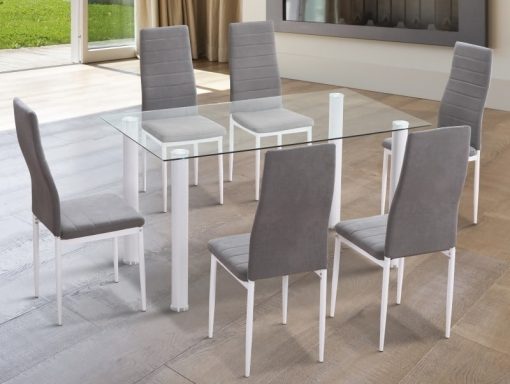 Comedor con mesa rectangular con tapa de cristal y 6 sillas. Patas blancas - Novelda