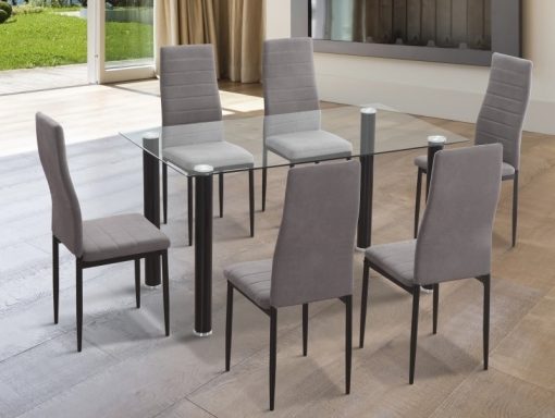 Comedor con mesa rectangular con tapa de cristal y 6 sillas. Patas negras - Novelda