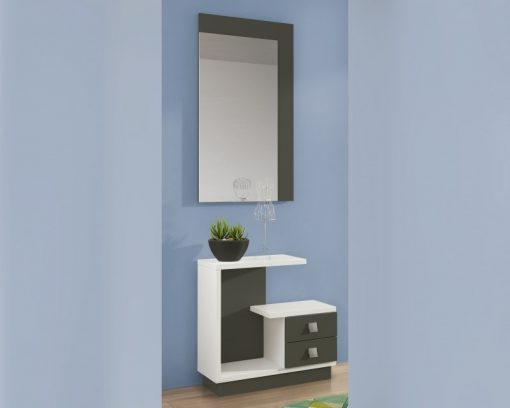 Hallway Furniture Set: 2 Drawer Cabinet with Matching Mirror. White and Grey. Teramo