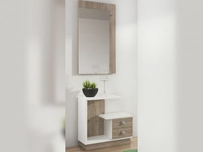 Hallway Furniture Set: 2 Drawer Cabinet with Matching Mirror. White and Brown. Teramo