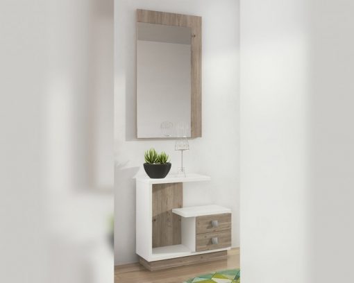Hallway Furniture Set: 2 Drawer Cabinet with Matching Mirror. White and Brown. Teramo