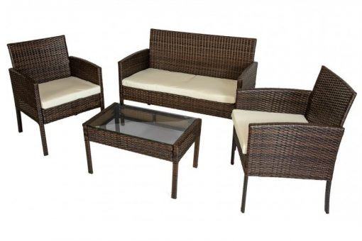 Conjunto jardín con dos sillones, sofá dos plazas y mesa baja en ratán sintético, modelo Septiembre