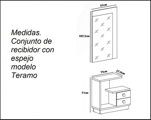 Dimensions of the Teramo Hallway Furniture Set: Cabinet with Matching Mirror
