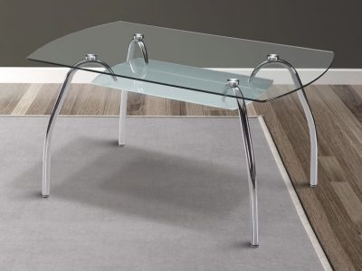 Mesa comedor con tapa de cristal, patas metálicas curvas - Aspe