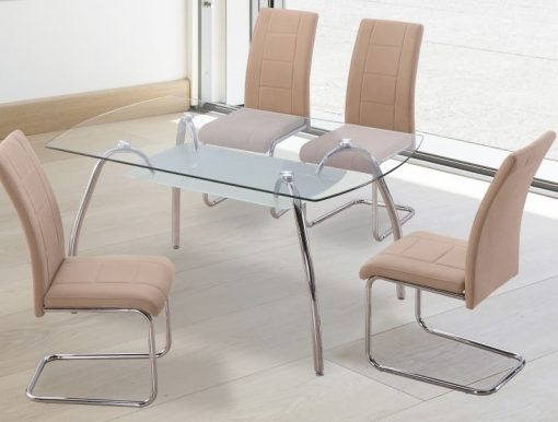 Set comedor moderno mesa de cristal + 4 sillas tapizadas. Color beige. Aspe