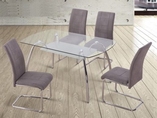 Set comedor moderno mesa de cristal + 4 sillas tapizadas. Color gris. Aspe
