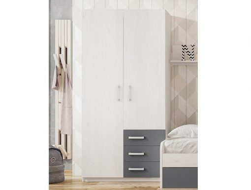 Children's Wardrobe with 2 Doors and 3 Drawers - Luddo. Grey Drawers