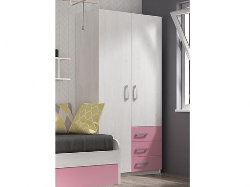 Двухдверный шкаф для детской комнаты с 3 ящиками - Luddo. Розовый цвет ящиков