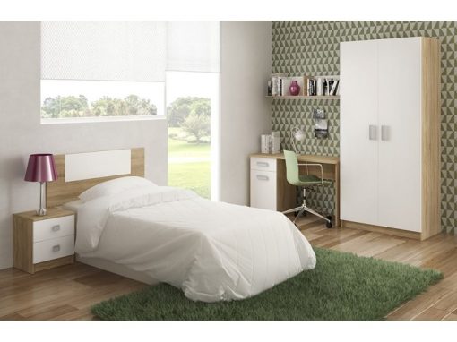 Dormitorio con armario, mesa estudio, mesa noche, estante y cabecero. Color blanco - roble. Modelo Rimini 07