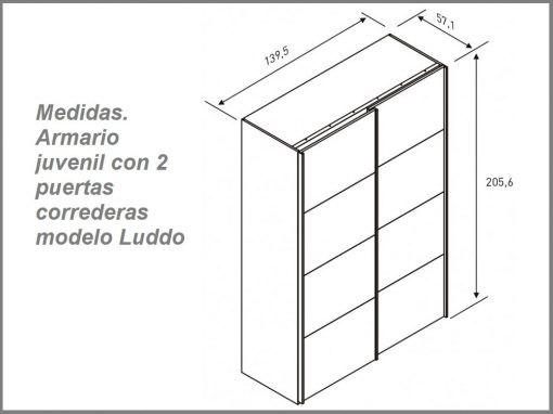Medidas de armario juvenil con 2 puertas correderas modelo Luddo