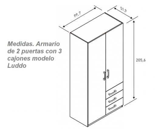 Dimensions of the Children's Wardrobe with 2 Doors and 3 Drawers - Luddo