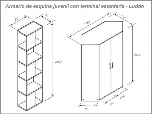 Medidas del armario de rincón juvenil con terminal-estantería modelo Luddo