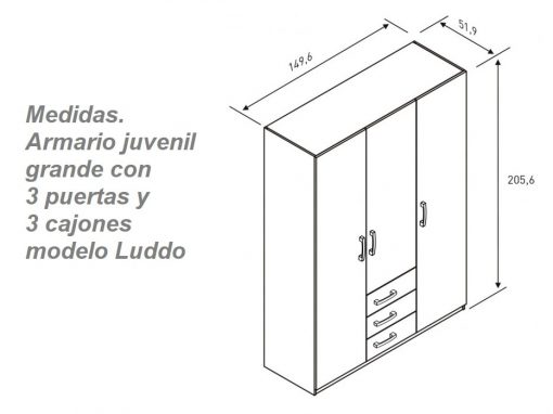 Medidas del armario juvenil grande con tres puestas y tres cajones modelo Luddo
