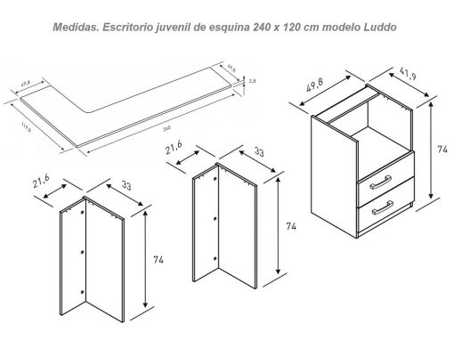 Dimensions of the L-Shaped (Corner) Desk for Children - Luddo