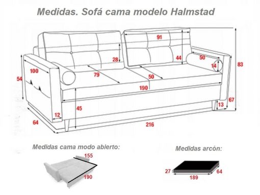 Medidas. Sofá cama escandinavo 3 plazas modelo Halmstad