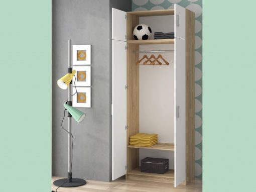 Tall 2 Door Wardrobe with Upper Compartment in Oak and White - Rimini