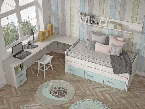 Dormitorio Juvenil - cama compacta con cajones, escritorio de esquina, estante de pared - Luddo 13