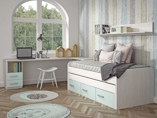 Dormitorio Juvenil. Color azul. Cama compacta, escritorio, estante - Luddo 13