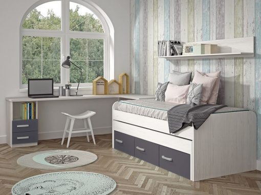 Dormitorio Juvenil. Color gris. Cama compacta, escritorio, estante - Luddo 13