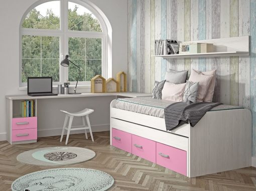 Dormitorio Juvenil. Color rosa. Cama compacta, escritorio, estante - Luddo 13