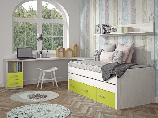Dormitorio Juvenil. Color verde. Cama compacta, escritorio, estante - Luddo 13