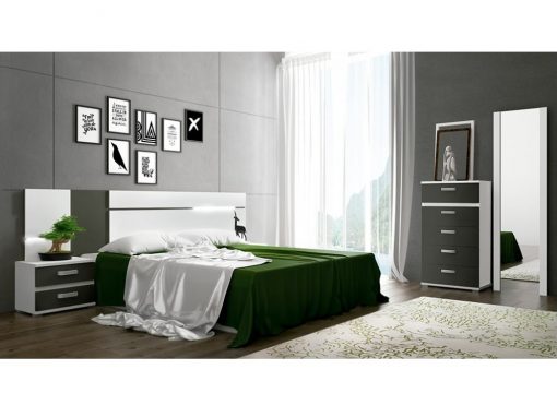 Dormitorio con luces LED. Gris - blanco. Sinfonier, 2 mesas de noche, cabecero, espejo - Cremona 01