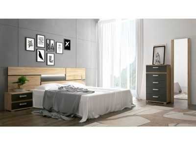 Bedroom Furniture Set with LED Lights. Brown and Grey. Tall Chest, 2 Bedside Tables, Headboard, Mirror - Cremona 01