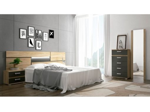 Dormitorio con luces LED. Marrón - gris. Sinfonier, 2 mesas de noche, cabecero, espejo - Cremona 01
