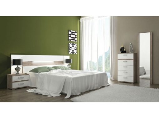 Dormitorio con luces LED. Marrón (nelson) - blanco. Sinfonier, 2 mesas de noche, cabecero, espejo - Cremona 01