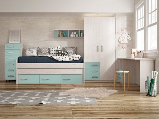 Dormitorio juvenil, azul con gris claro - sinfonier, armario, cama, escritorio y estantería - Luddo 14