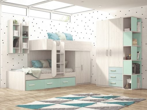 Dormitorio juvenil - azul y gris claro - cama tren con armario, armario 2 puertas y estanterías - Luddo 22