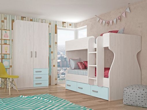 Dormitorio juvenil - cama litera con armario de 2 puertas, 3 cajones, azul con gris claro - Luddo 24