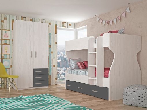 Dormitorio juvenil - cama litera con armario de 2 puertas, 3 cajones, gris oscuro con gris claro - Luddo 24
