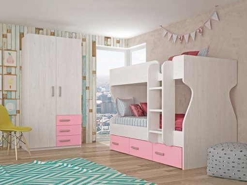 Dormitorio juvenil - cama litera con armario de 2 puertas, 3 cajones, rosa con gris claro - Luddo 24