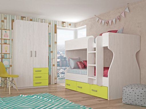 Dormitorio juvenil - cama litera con armario de 2 puertas, 3 cajones, verde con gris claro - Luddo 24
