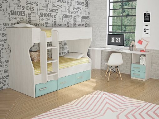 Dormitorio juvenil, color azul - cama litera con cajones y escritorio - Luddo 26