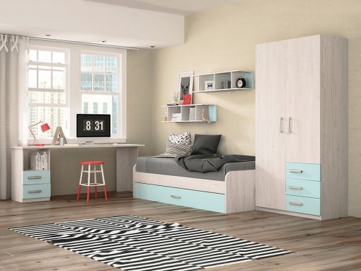 Dormitorio juvenil - color azul - cama nido, mesa de estudio, armario y estanterías - Luddo 06