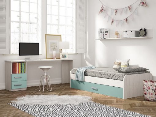 Dormitorio juvenil color azul - escritorio de 2 cajones, cama nido y estante de pared - Luddo 05