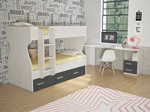 Dormitorio juvenil, color gris - cama litera con cajones y escritorio - Luddo 26