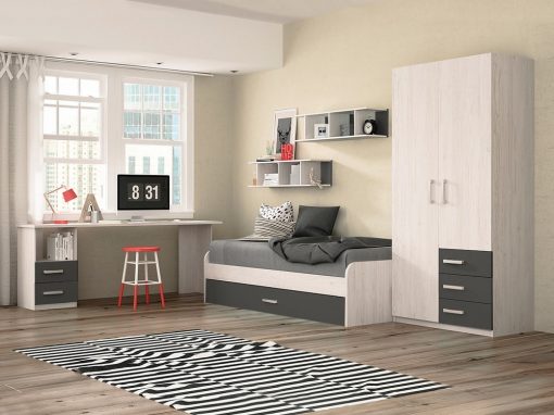 Dormitorio juvenil - color gris - cama nido, mesa de estudio, armario y estanterías - Luddo 06