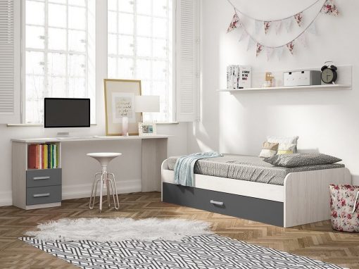 Dormitorio juvenil color gris - escritorio de 2 cajones, cama nido y estante de pared - Luddo 05