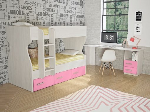 Dormitorio juvenil, color rosa - cama litera con cajones y escritorio - Luddo 26