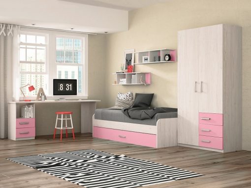 Dormitorio juvenil - color rosa - cama nido, mesa de estudio, armario y estanterías - Luddo 06