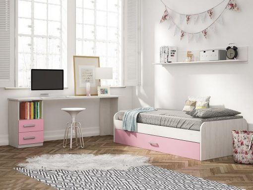 Dormitorio juvenil color rosa - escritorio de 2 cajones, cama nido y estante de pared - Luddo 05